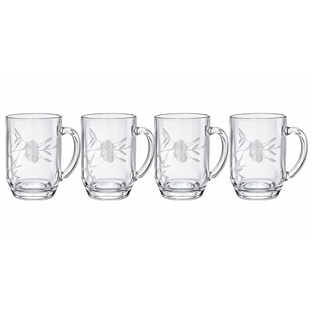 Princess House Etched Floral Glass Coffee Mugs Clear Tea Cups with Flower Design